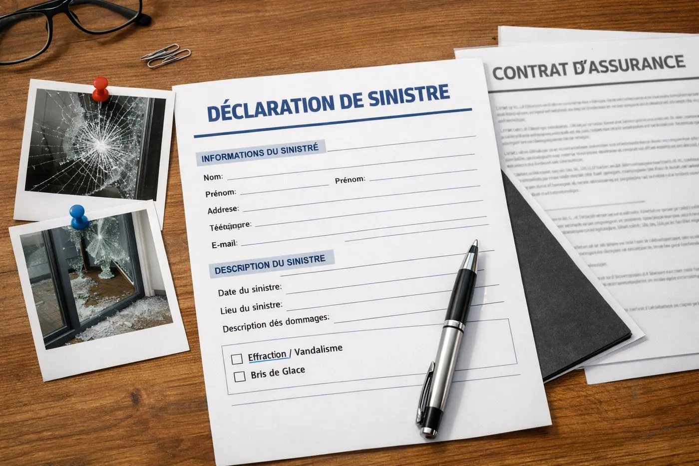 Formulaire de déclaration de sinistre assurance ménage posé sur un bureau avec des photos de vitre cassée