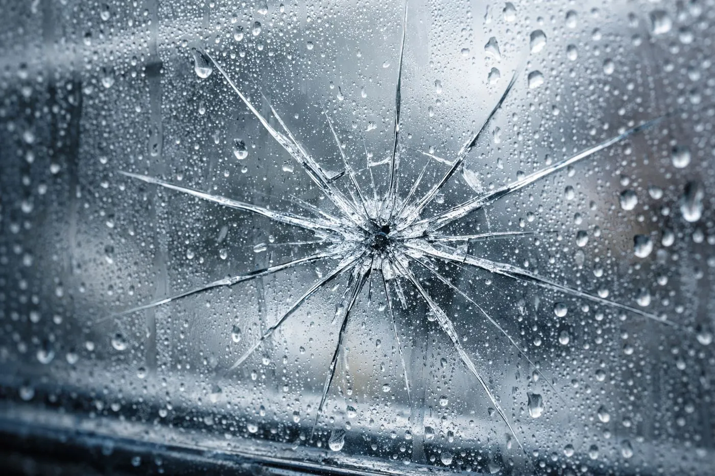 Gros plan sur une fissure en araignée dans un double vitrage avec condensation visible entre les deux lames