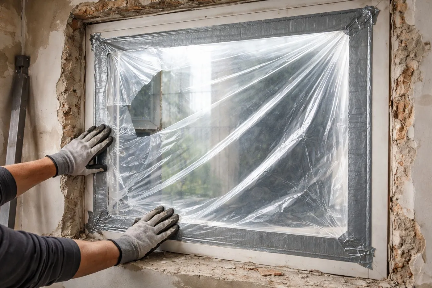 Protection provisoire d'une fenêtre cassée avec film plastique et ruban adhésif en attendant le vitrier