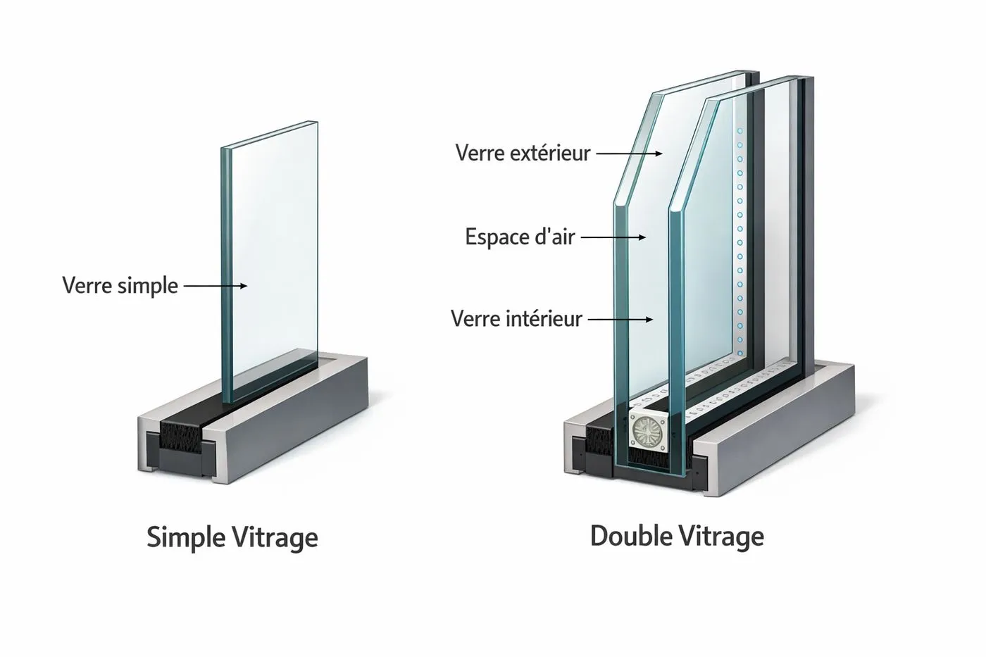 Comparaison entre un simple vitrage fin et un double vitrage avec espace d'air, vue en coupe technique