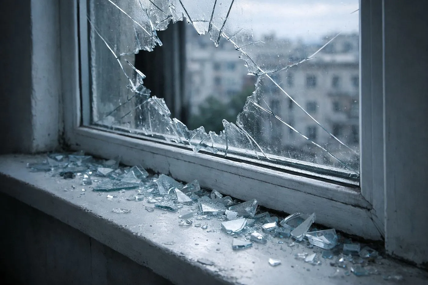 Fenêtre d'appartement avec vitre cassée et éclats de verre visibles sur le rebord intérieur