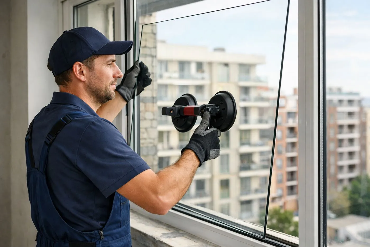 Vitrier professionnel posant une nouvelle vitre double vitrage dans un immeuble résidentiel